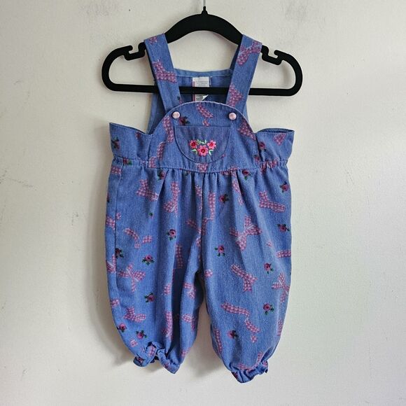 Vintage Baby Girl 3–6M Overalls – Floral Embroidered with Pink Checked Ribbon - Picture 2 of 8